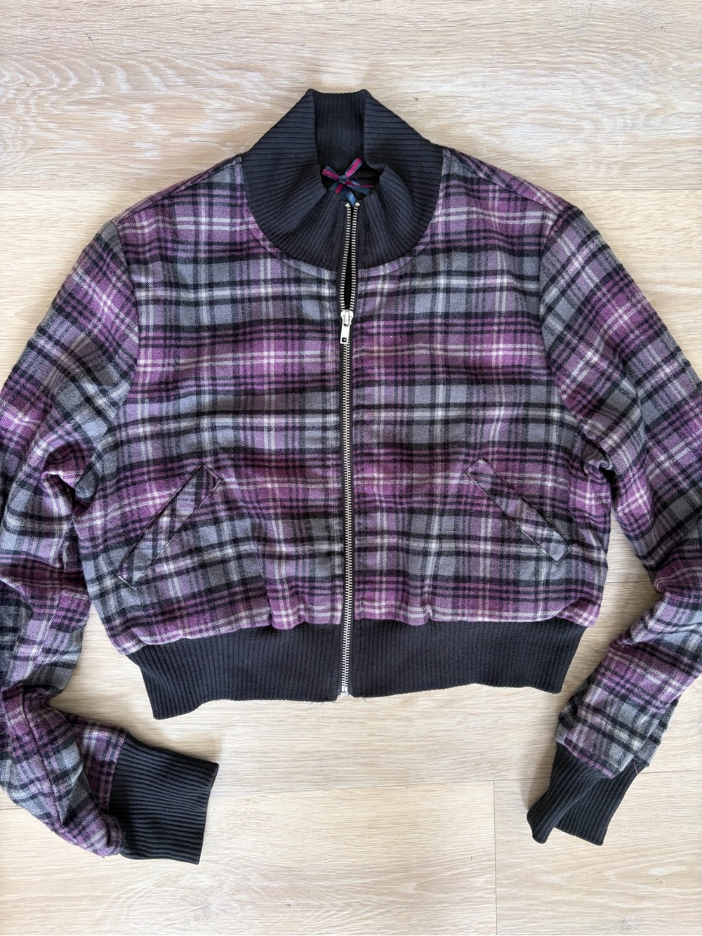 Y2K Purple Grey Plaid Cropped Bomber Jacket XL